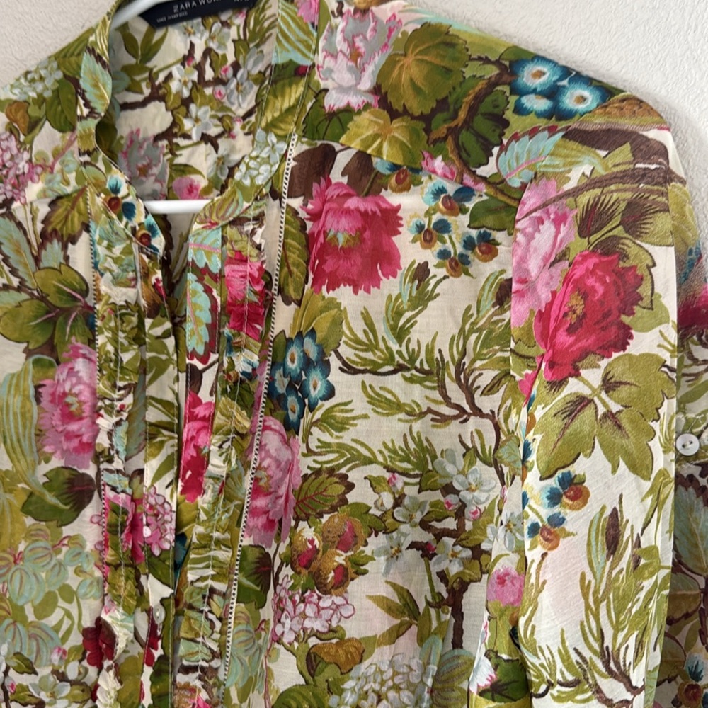 Vintage Zara Woman Sheer Floral Cotton and Silk Blend Button Down Blouse - Lg - Picture 2 of 11